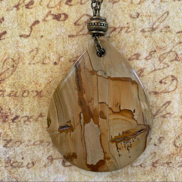 Hand crafted Large Tear Drop Jasper Necklace with Brass Chain 22” long - Picture 7 of 9